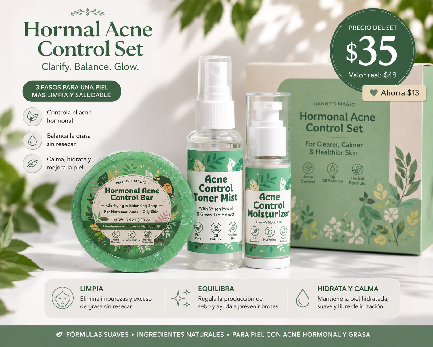 Hormonal Acne Control Set | Soap, Toner & Moisturizer for Clear Skin